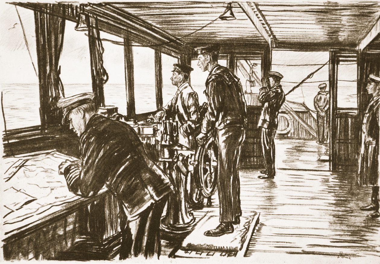 Bryggan på ett handelsfartyg till sjöss, illustration från "The Western Front", utgiven av Country Life Ltd av David Muirhead Bone