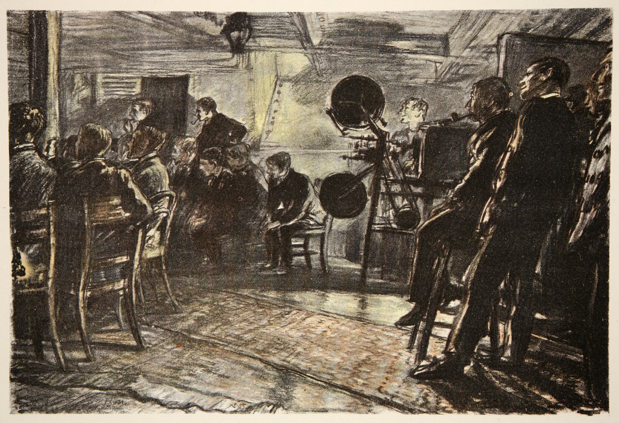Biografen på ett slagskepp, illustration från "The Western Front", utgiven av Country Life Ltd av David Muirhead Bone