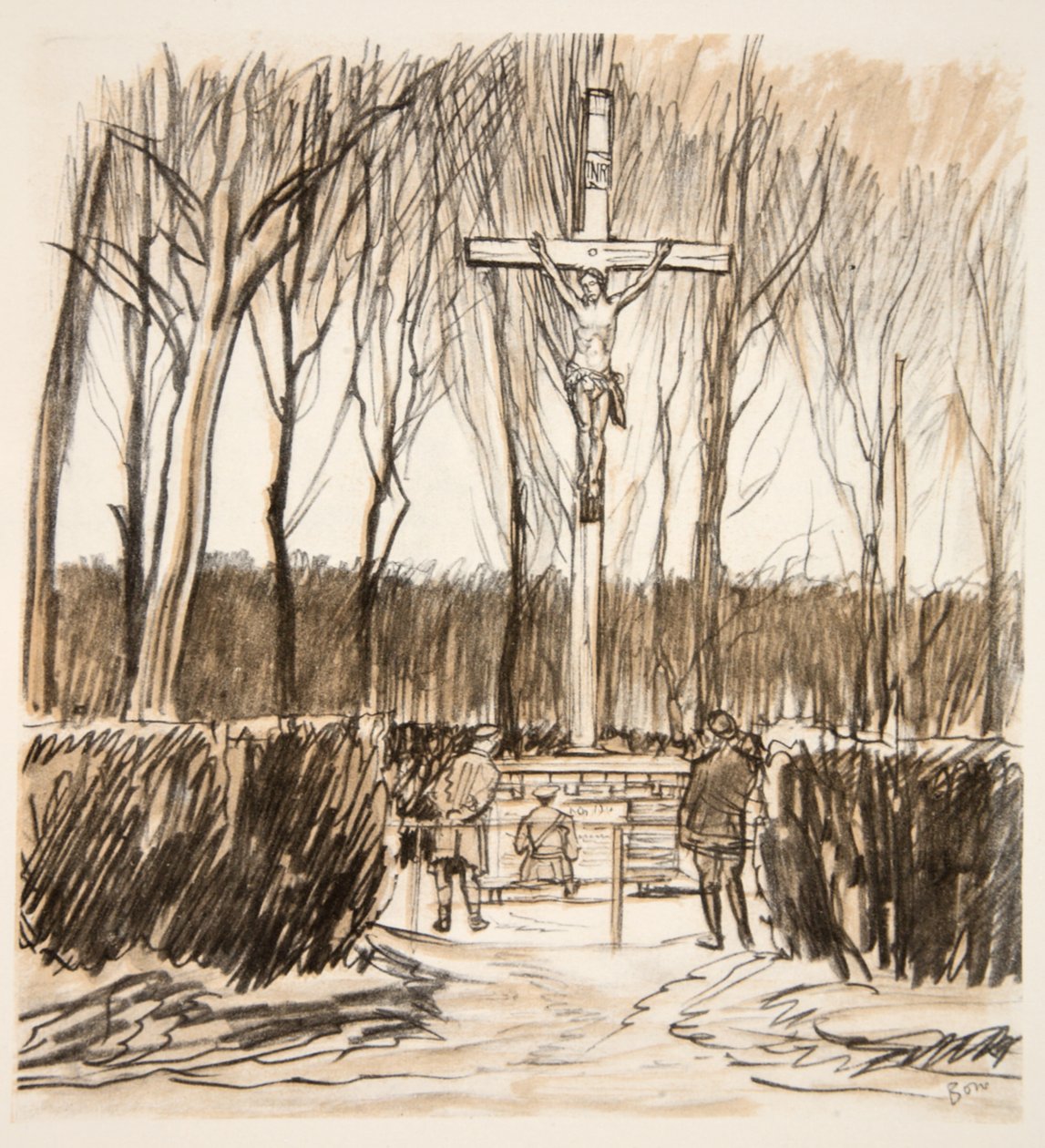 Minnesmärket på slagfältet vid Agincourt, illustration från "The Western Front", utg. av Country Life Ltd av David Muirhead Bone