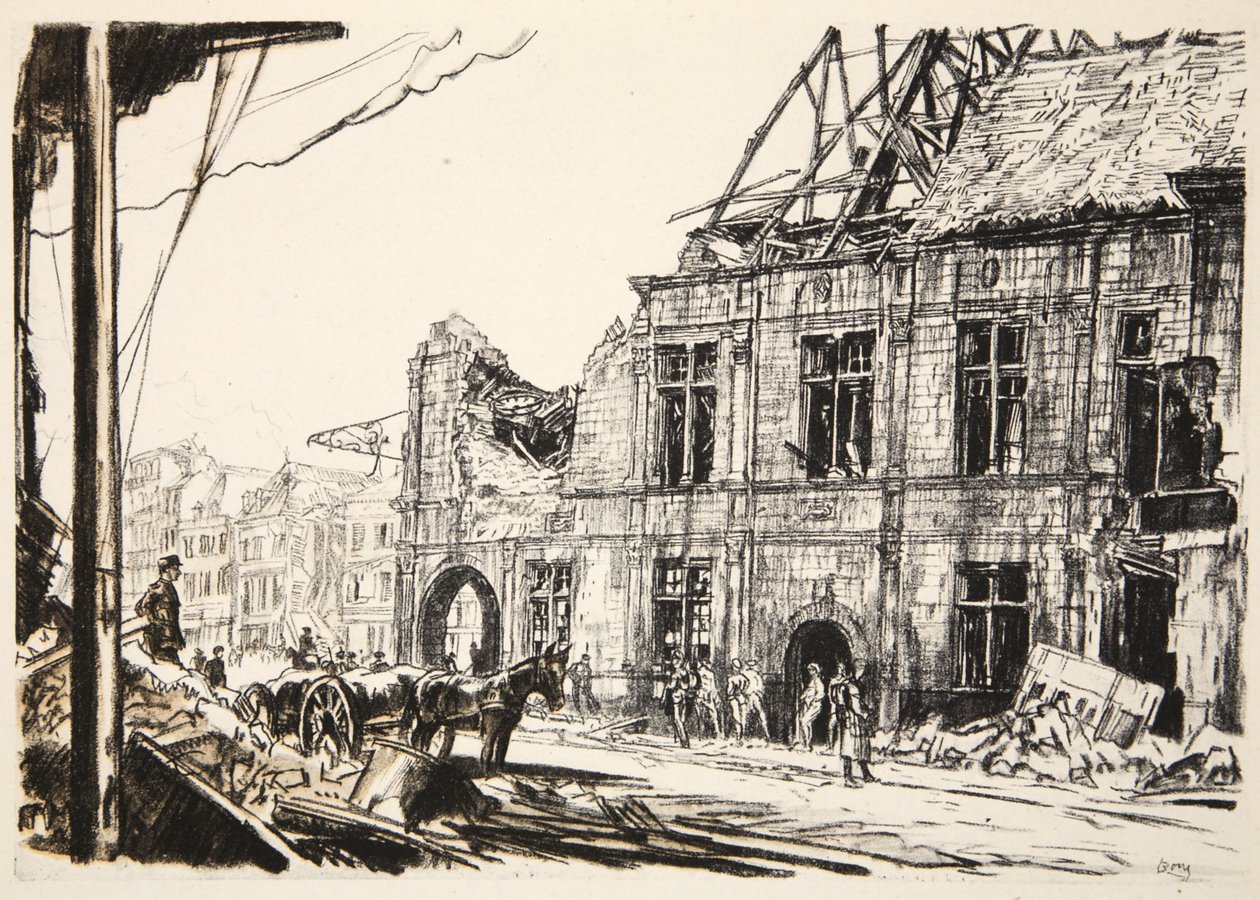 Rådhuset i Peronne, illustration från "The Western Front", utgiven av Country Life Ltd av David Muirhead Bone