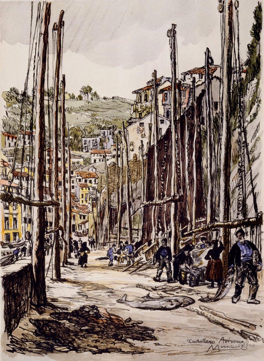 Tunnfiskarna, Cudillero, Asturiens kust av David Muirhead Bone