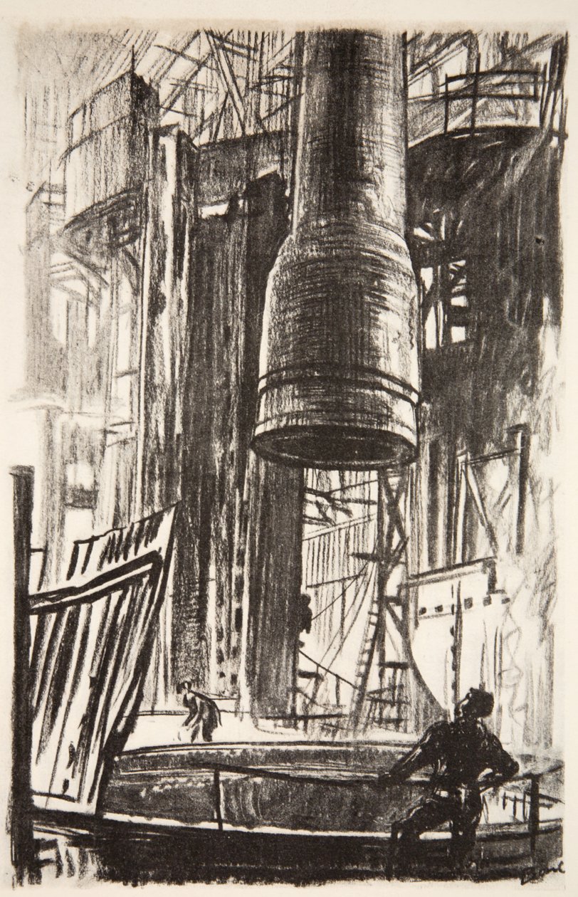 Kanongropen: en kanonmantel som går in i oljetanken, illustration från "The Western Front", utgiven av Country Life Ltd av David Muirhead Bone