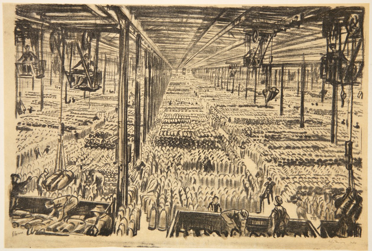 The hall of the million shells, illustration från "The Western Front", utgiven av Country Life Ltd av David Muirhead Bone