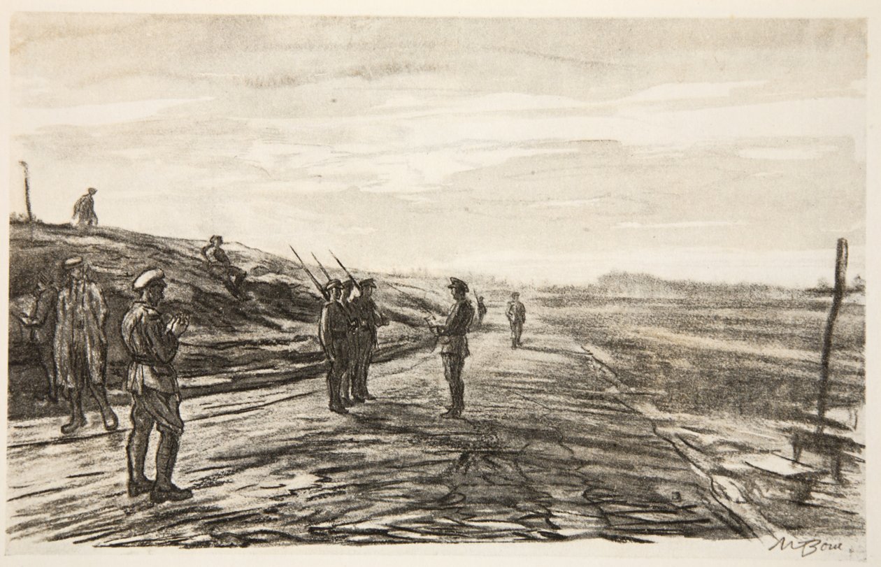 Nattvakten, illustration från "The Western Front", utgiven av Country Life Ltd av David Muirhead Bone