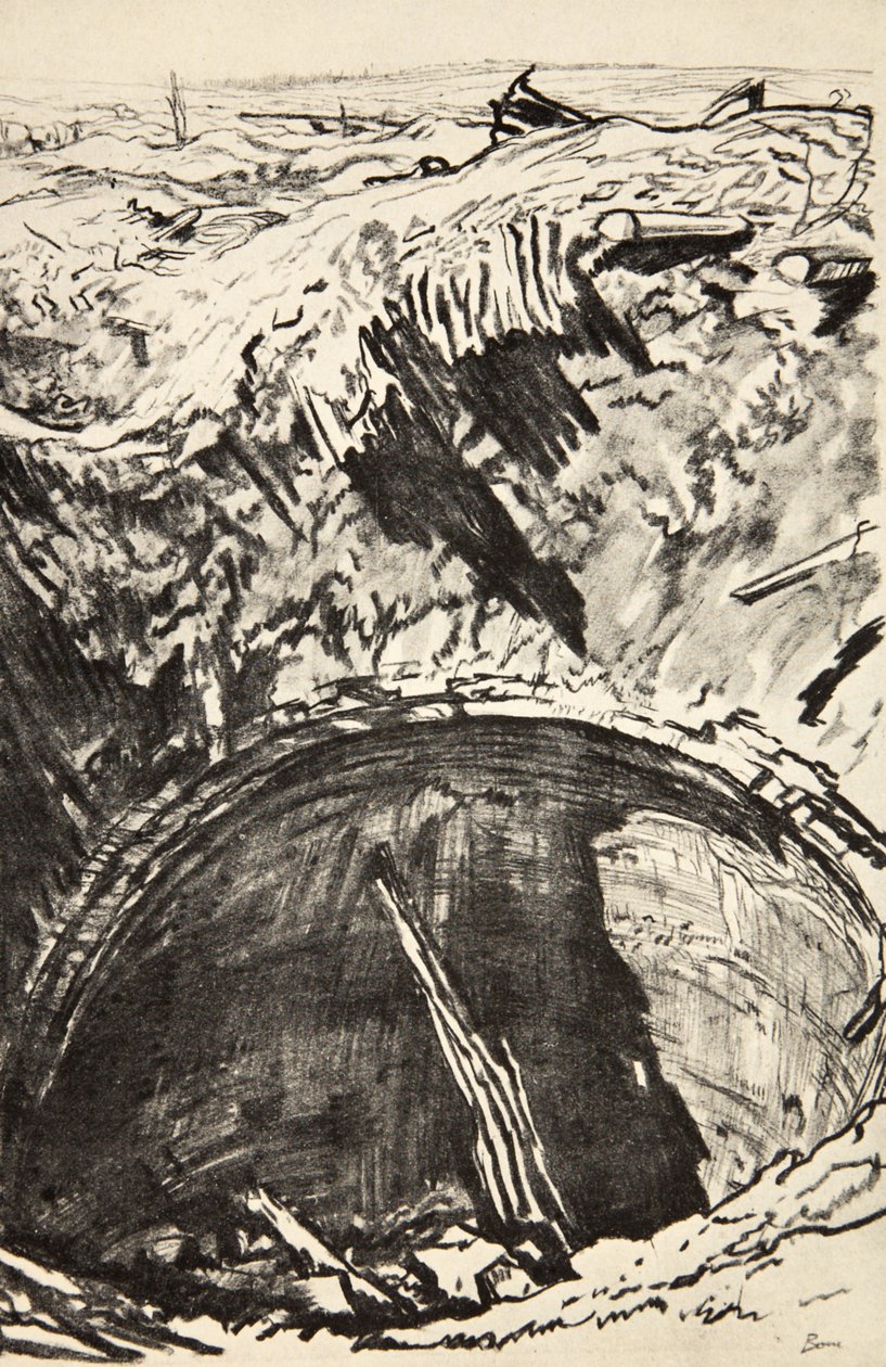Gropen på Mouquet Farm, illustration från "The Western Front", utgiven av Country Life Ltd av David Muirhead Bone