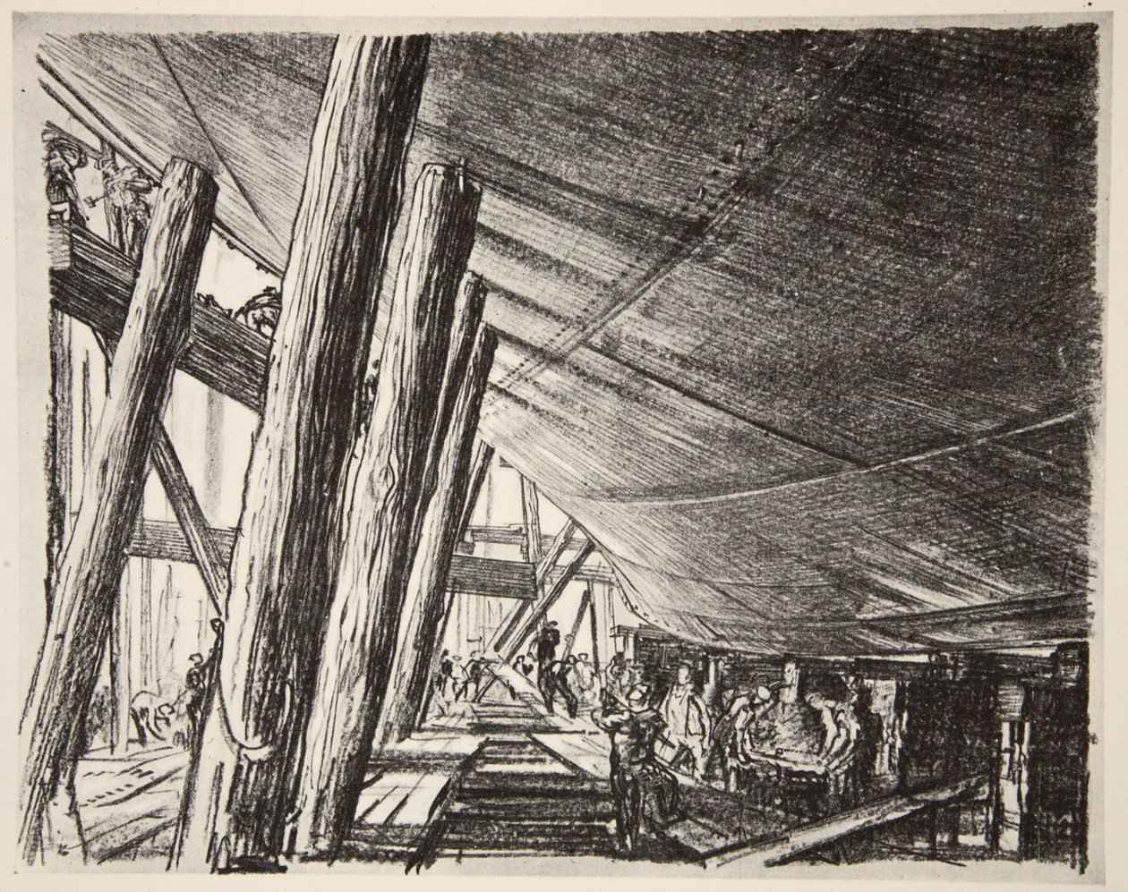 Under ett fartyg, illustration från "The Western Front", utgiven av Country Life Ltd av David Muirhead Bone