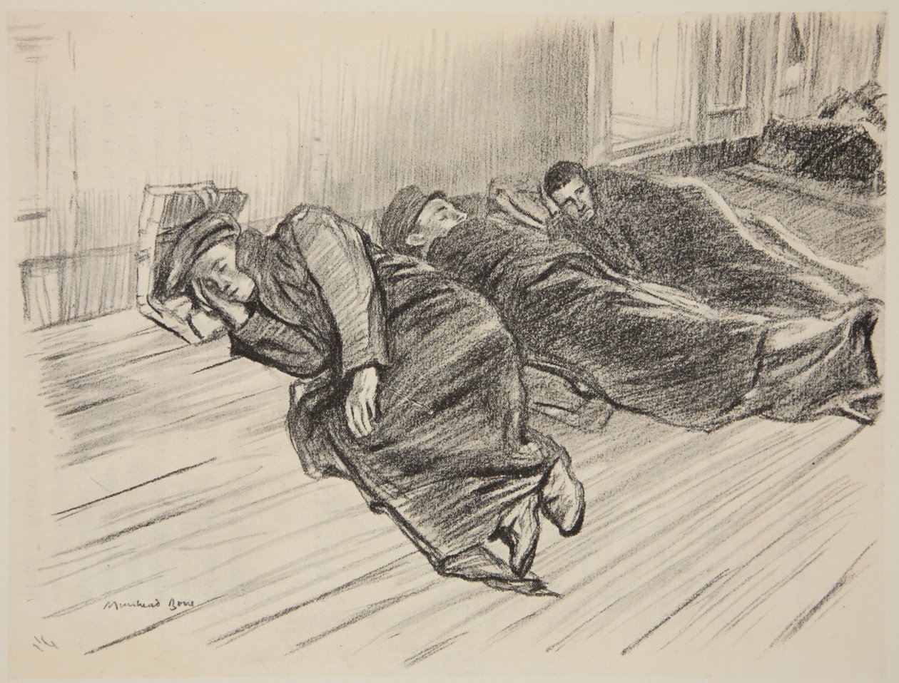 Gående skadade som sover på däck, illustration från "The Western Front", utgiven av Country Life Ltd av David Muirhead Bone