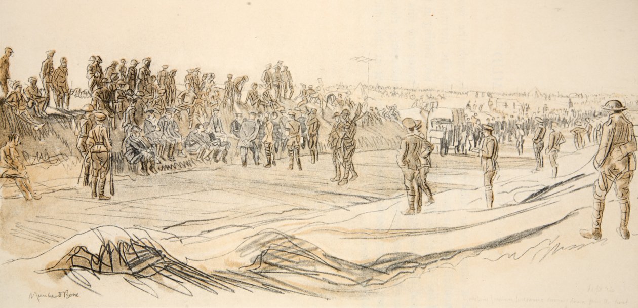 Tittar på tyska fångar, illustration från "The Western Front", utgiven av Country Life Ltd av David Muirhead Bone