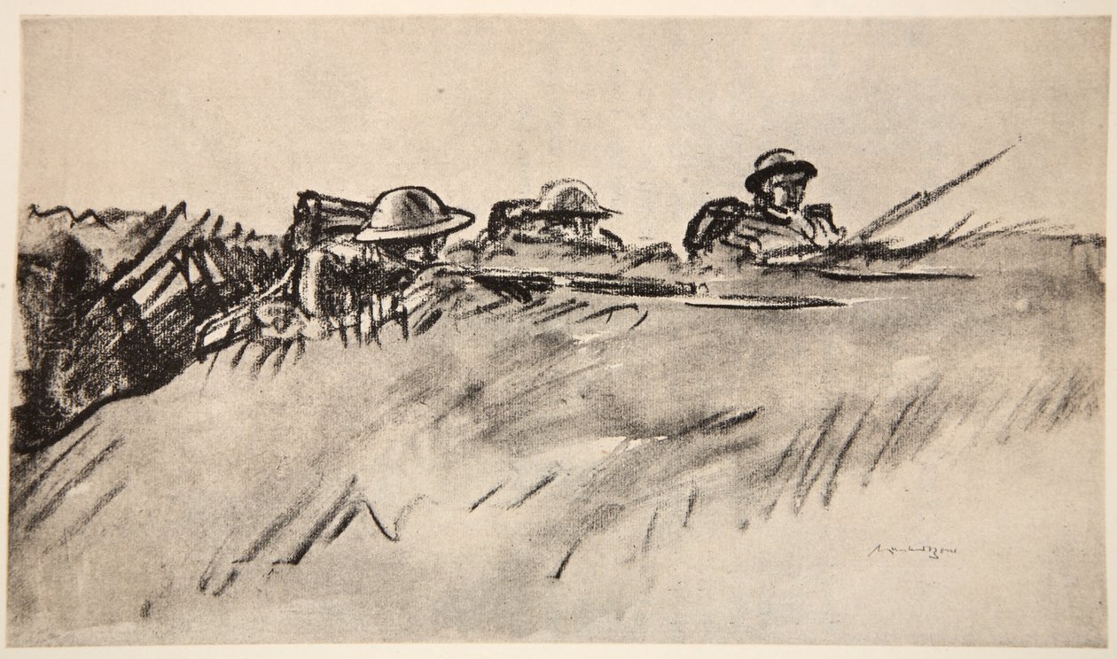 Walesiska soldater, illustration från "The Western Front", utgiven av Country Life Ltd av David Muirhead Bone