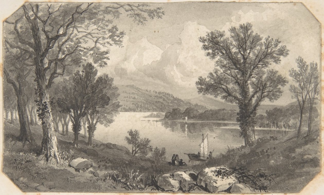 Utsikt över en sjö eller flod med en segelbåt av David Octavius Hill