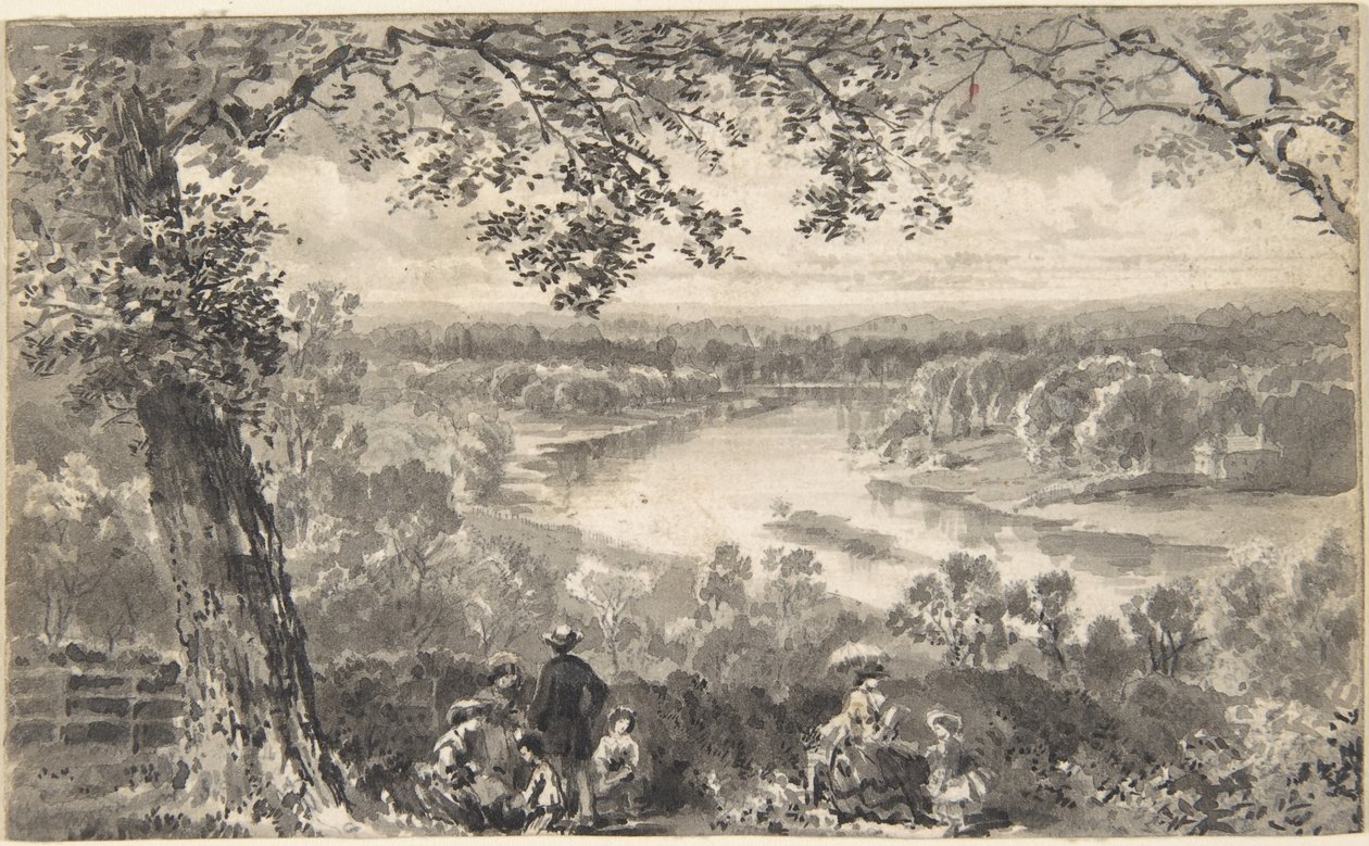 Utsikt över Themsen med figurer i förgrunden av David Octavius Hill