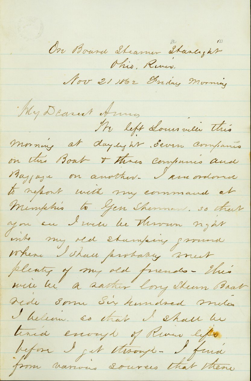 Letter from D. P. Grier, on board Steamer Starlight, Ohio River, to Anna McKinney, November 21, 1862 av David Perkins Grier