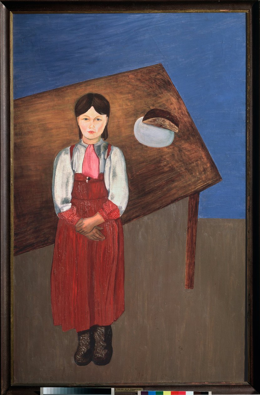Aniska. (porträtt av en melankolisk liten flicka framför ett bord). Målning av David Petrovich Sterenberg (1881-1948), olja på duk av David Petrovich Sterenberg