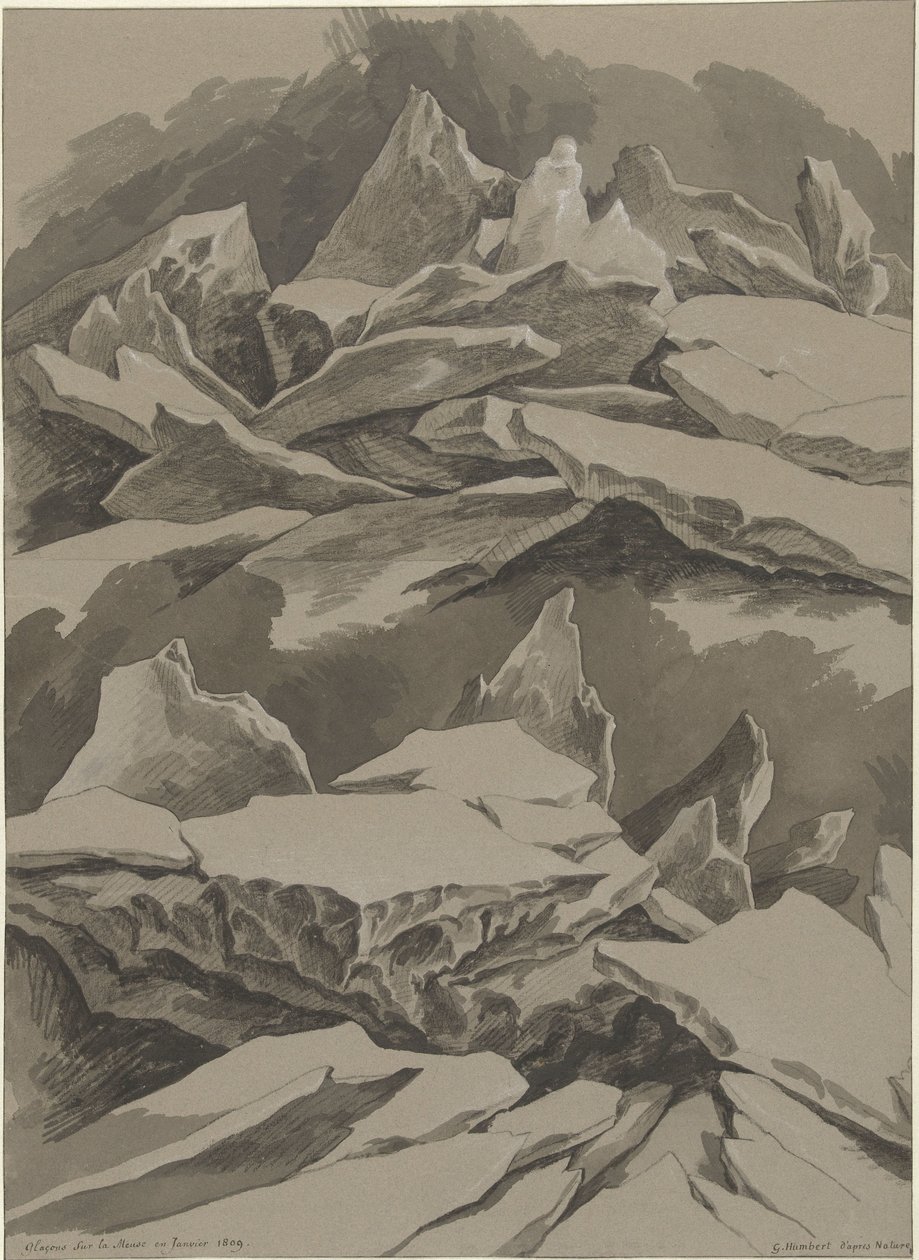 Isflak på Maas, januari 1809 Glaçons sur la Meuse en Janvier 1809 (titel på objekt) av David Pièrre Giottino Humbert de Superville (signed by artist)