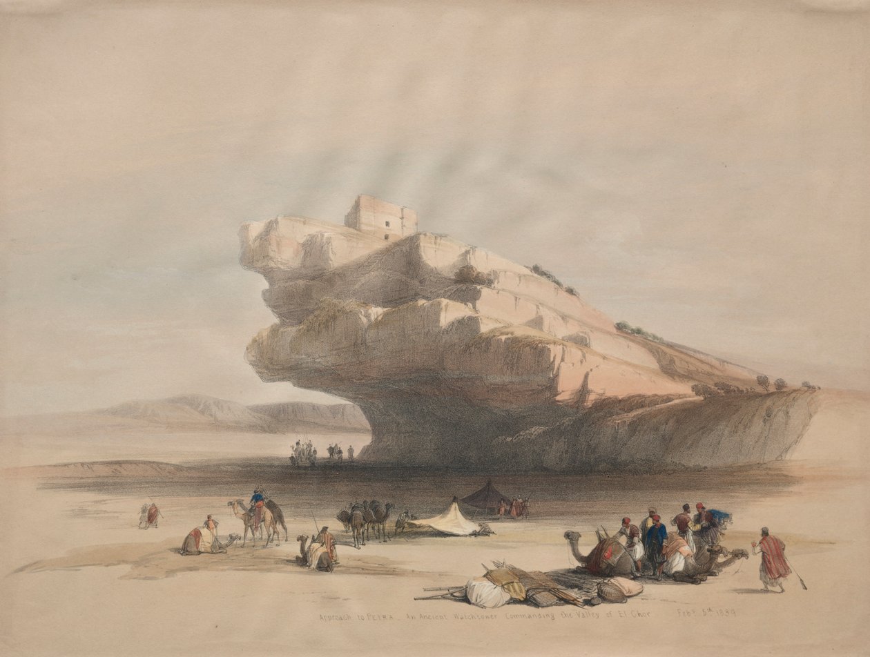 Närmar dig Petra, ett gammalt vakttorn som befaller El Chor-dalen, 1839. av David Roberts