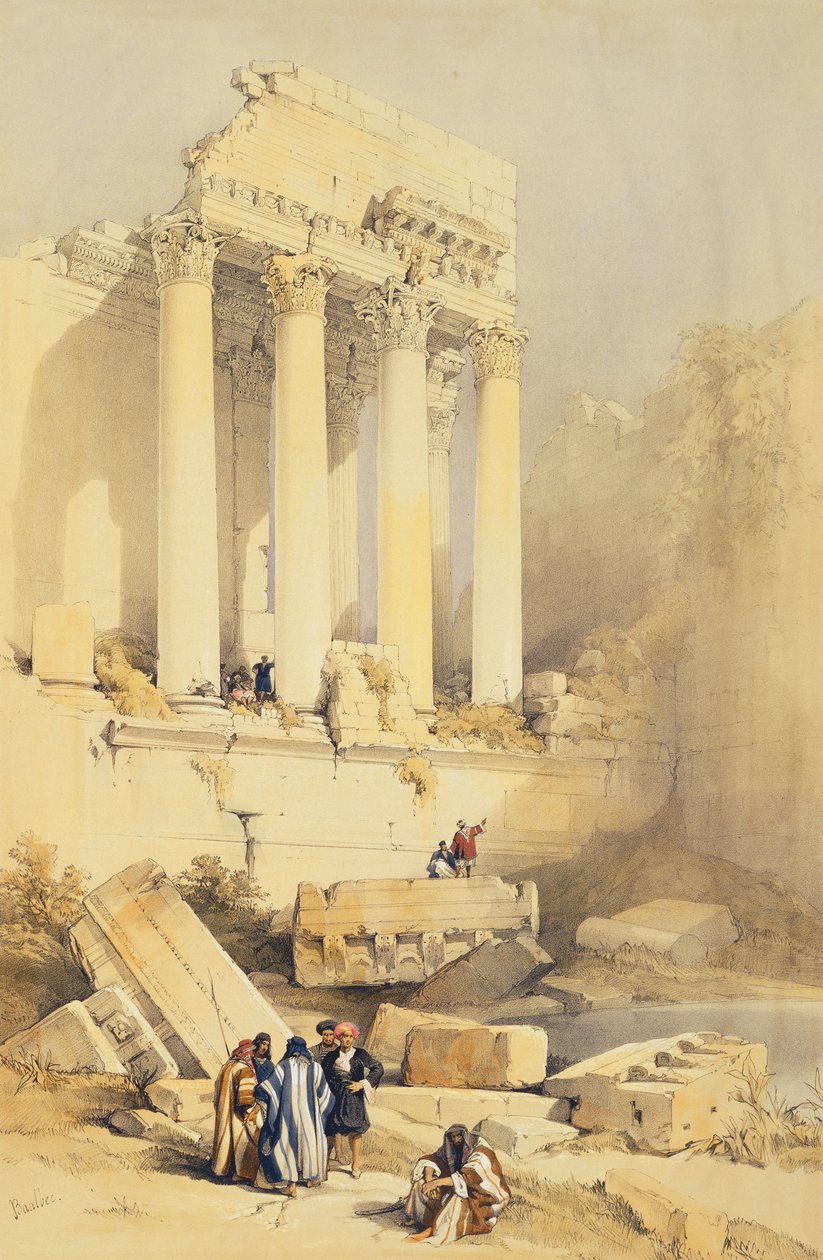 Baalbec, tavla 79 från volym II av "The Holy Land", graverad av Louis Haghe (1806-85), publicerad i. 1843 av David Roberts