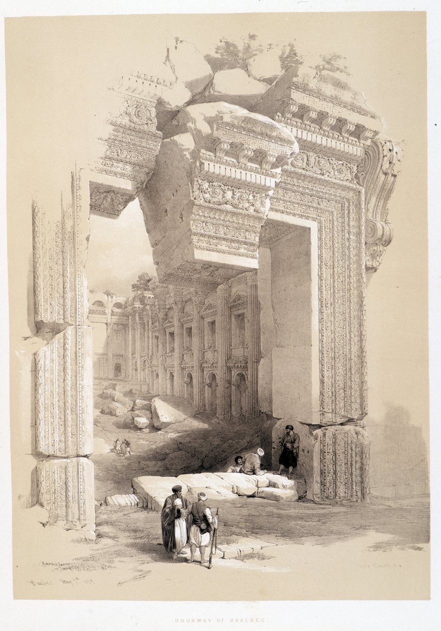 Baalbek-porten i Libanon, teckning gjord 1839-05-07 i "The Holy Land", London 1849 av David Roberts