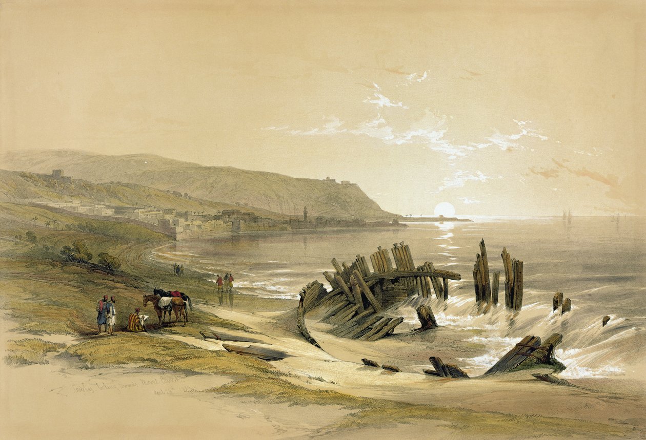 Kaifas ser mot berget Karmel den 24 april 1839, från volym II "Det heliga landet"; graverad av Louis Haghe (1806-85) publicerad i London, 1842 av David Roberts
