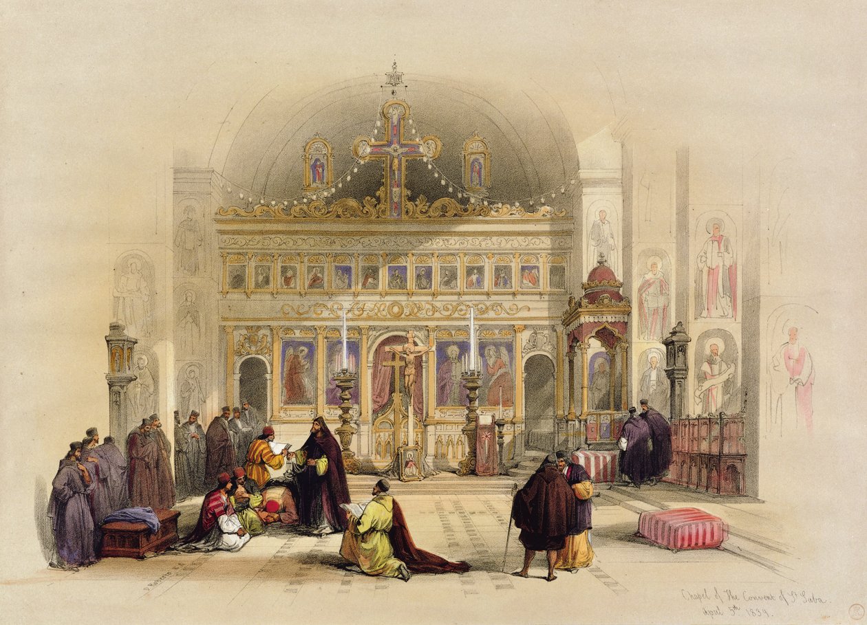Kapellet i S:t Saba klostret, 5 april 1839, från volym II "The Holy Land" som publicerades i London; graverad av Louis Haghe (1806-85) 1842 Land,