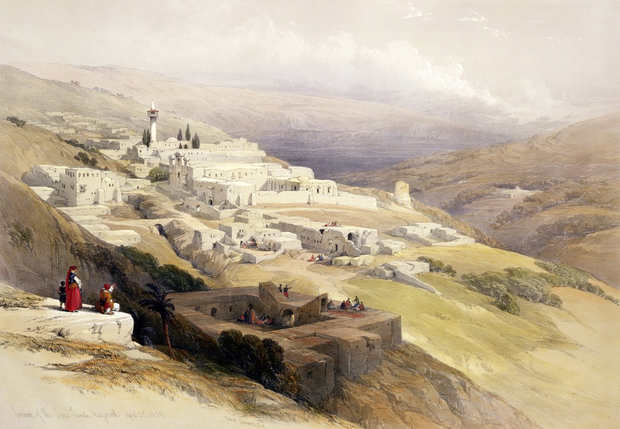 Convent of the Terra Santa, Nazareth, 21 april 1839, skylt 30 från volym I av "The Holy Land", graverad av Louis Haghe (1806-85) pub. 1842 av David Roberts