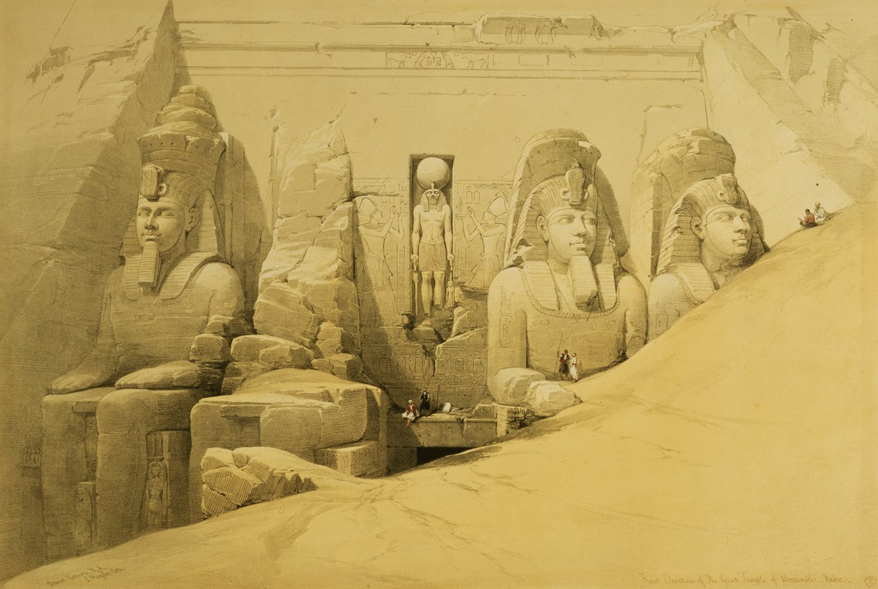 Främre höjd av Aboo Simbels stora tempel, Nubia, skylt 44 från volym II av "Egypten och Nubia", graverad av puben Louis Haghe (1806-85). 1849 av David Roberts