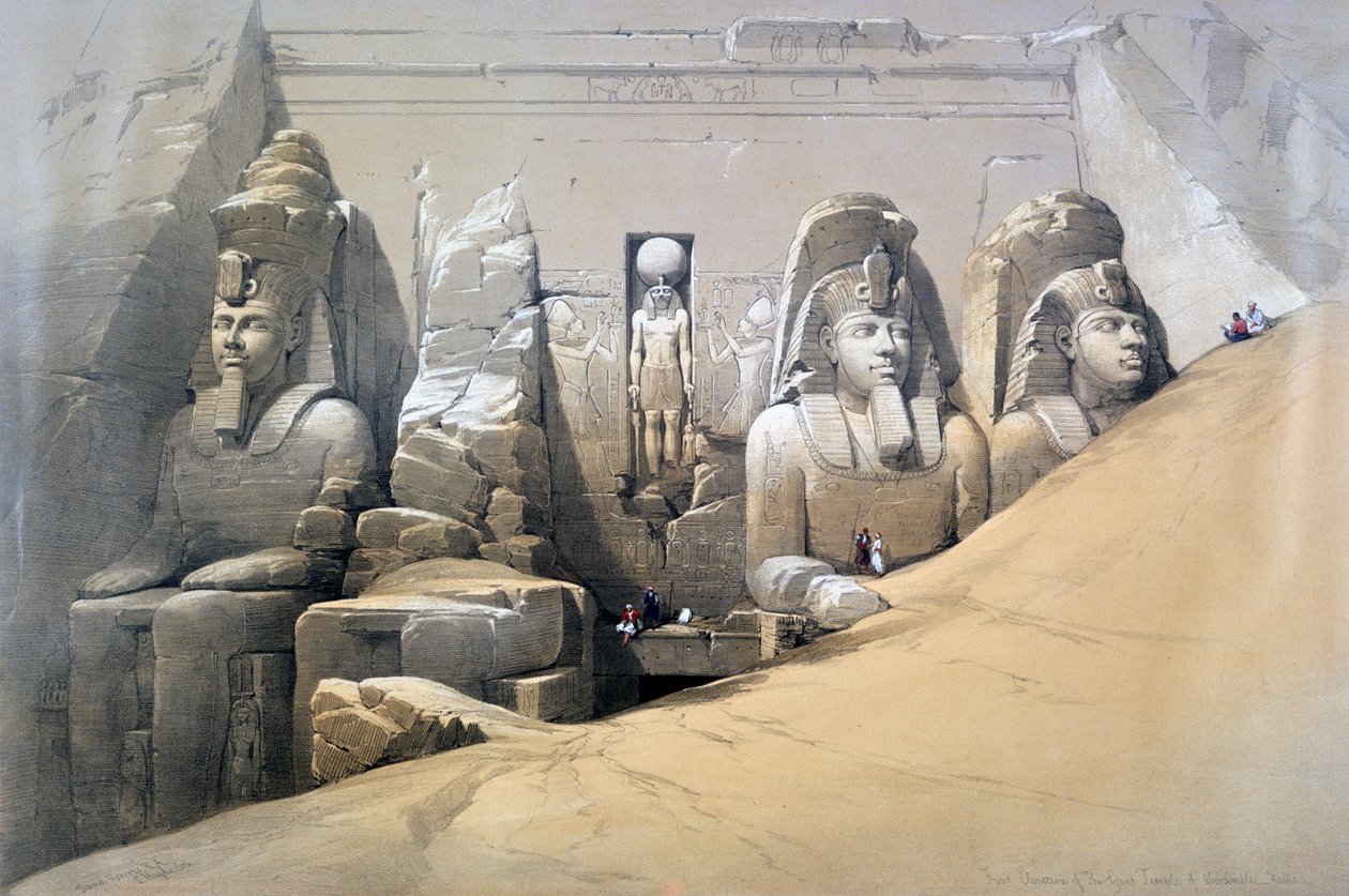 Främre höjd av det stora templet i Abu Simbel, Nubia, 1800-talet av David Roberts