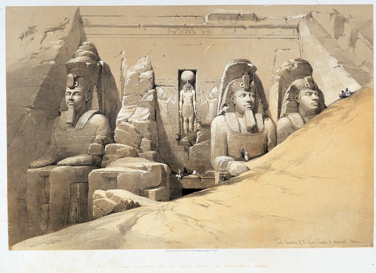 Framifrån av det stora templet Aboo Simbel (Abu Simbel, Abu eller Abu Simbel), Nubia (Nubia) i "" Det heliga landet", London 1849 av David Roberts