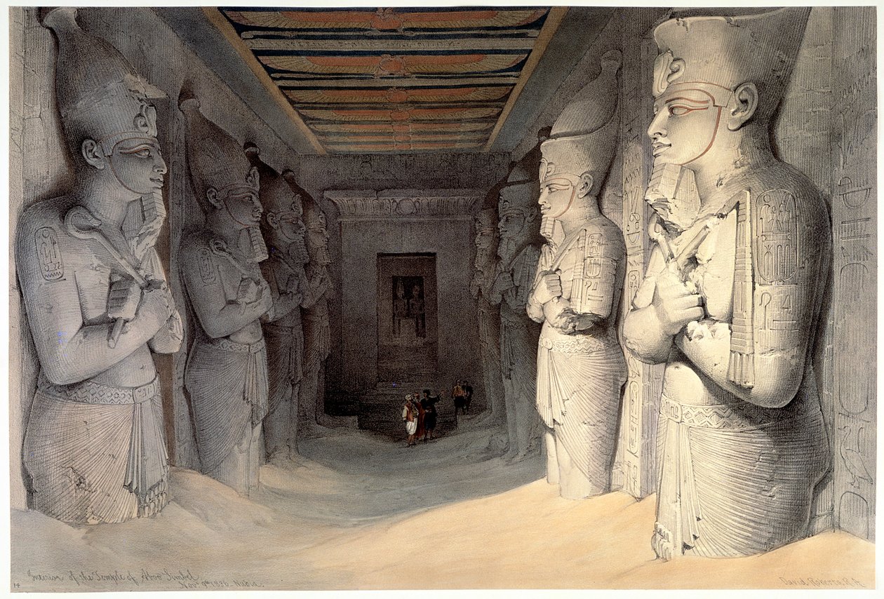 Jättekalkstensstatyer av Ramses II, Ramses tempel, Abu Simbel, Egypten, 1836 av David Roberts