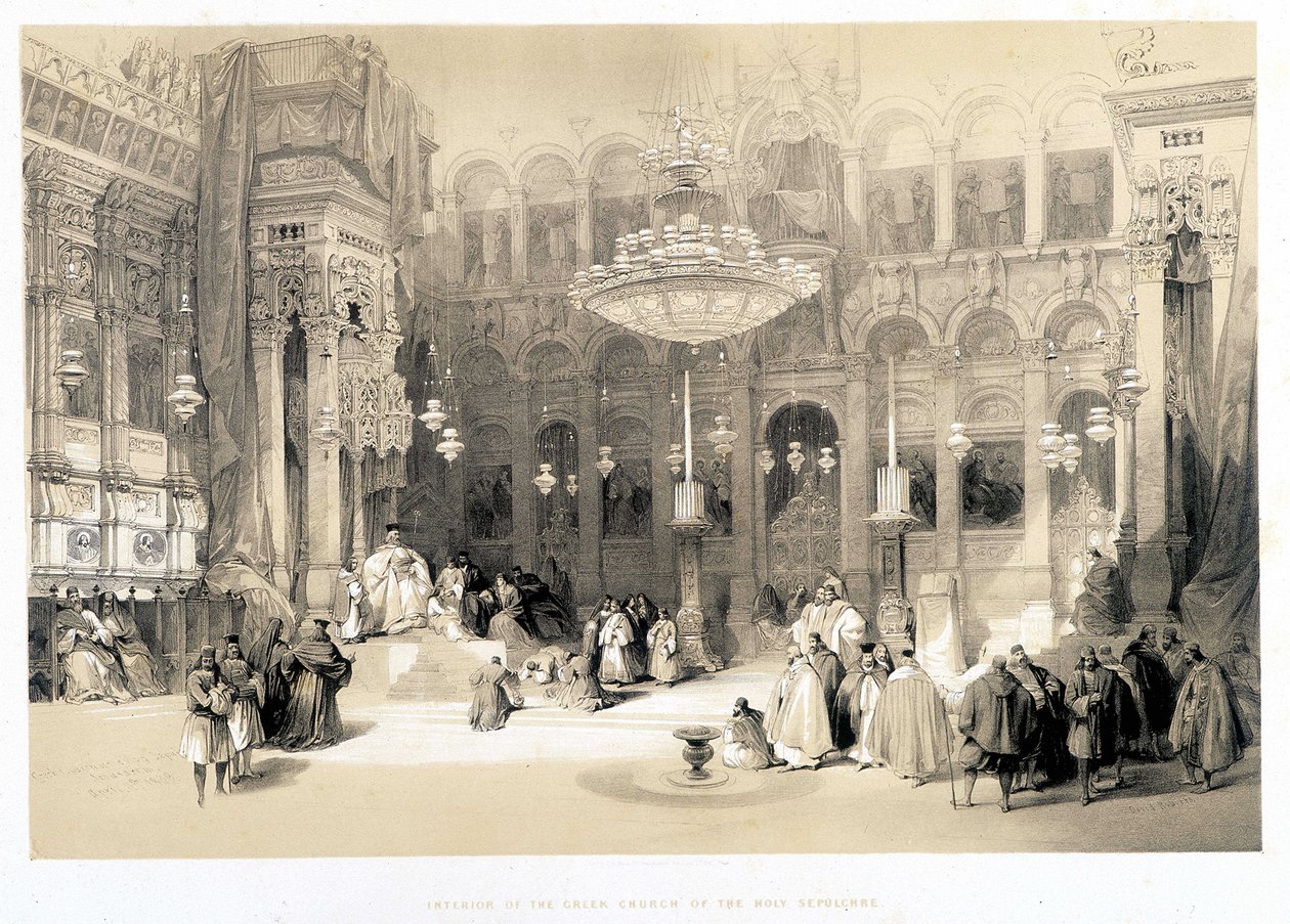 Interiör av Creek Church of the Holy Sepulchre, ritning gjord 11/04/1839 i “The Holy Land””, London 1849 av David Roberts