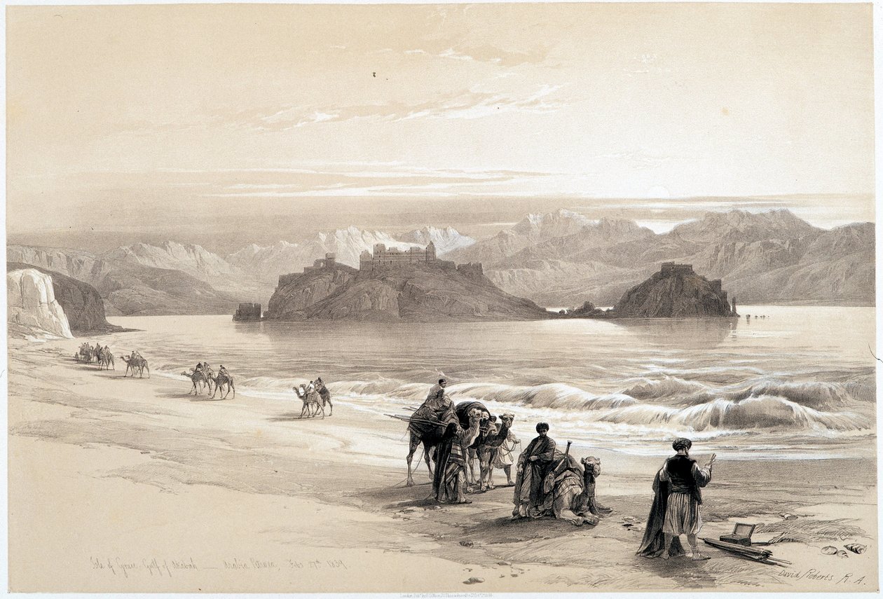Ön Graia, Akabahbukten (Akaba eller Aqaba), ritning gjord 1839-02-27 i "" The Holy Land"", London 1849 av David Roberts