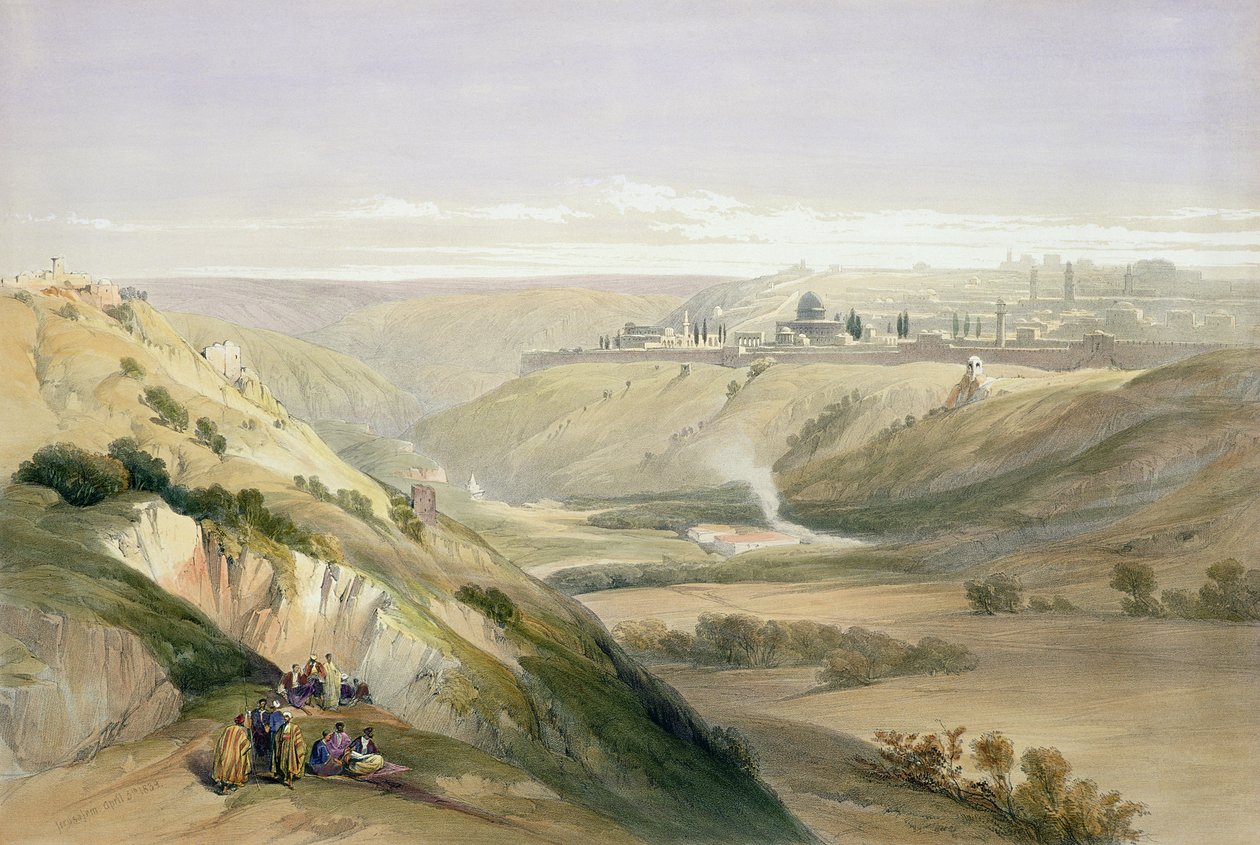 Jerusalem, 5 april 1839, skylt 18 från volym I av "Det heliga landet", graverad av puben Louis Haghe (1806-85). 1842 av David Roberts