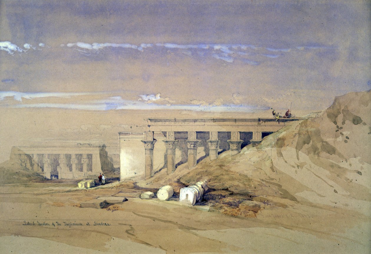 Lateral Elevation of the Thyphonium at Dendera": litografi efter akvarell av David Roberts (1796-1864) skotsk konstnär. Forntida Egypten Arkeologi av David Roberts