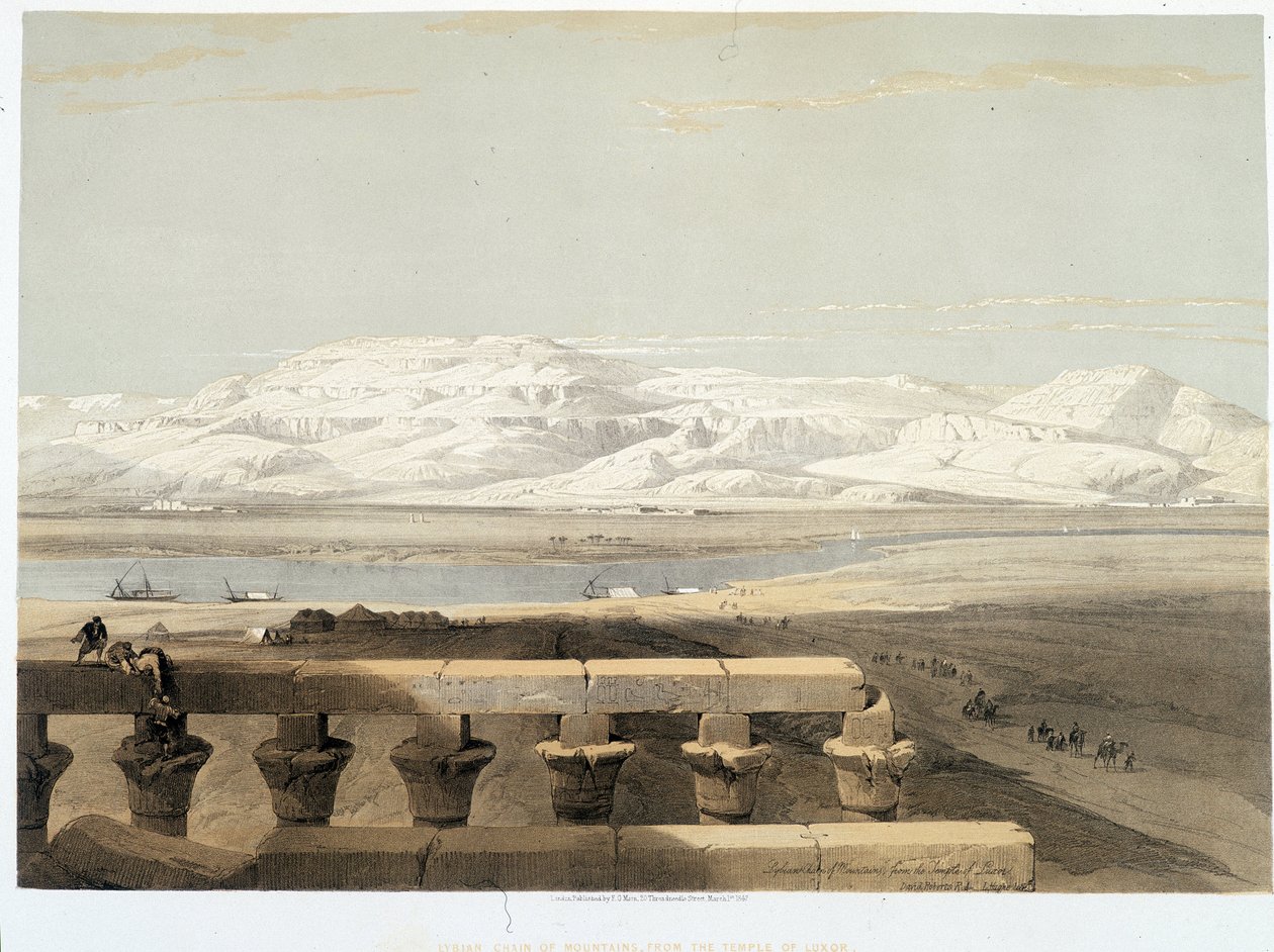 Berg i Libyen, sett från templet i Luxor i Egypten. Teckningen gjordes 1838 i "" Det heliga landet", London 1849 av David Roberts