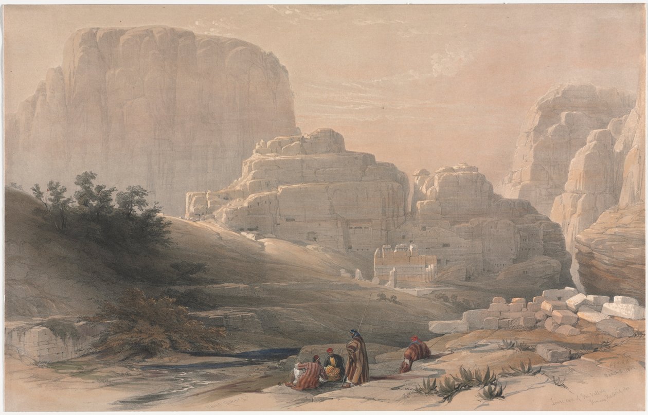 Petra, nedre delen av dalen, tittar på Akropolis, 1839. av David Roberts