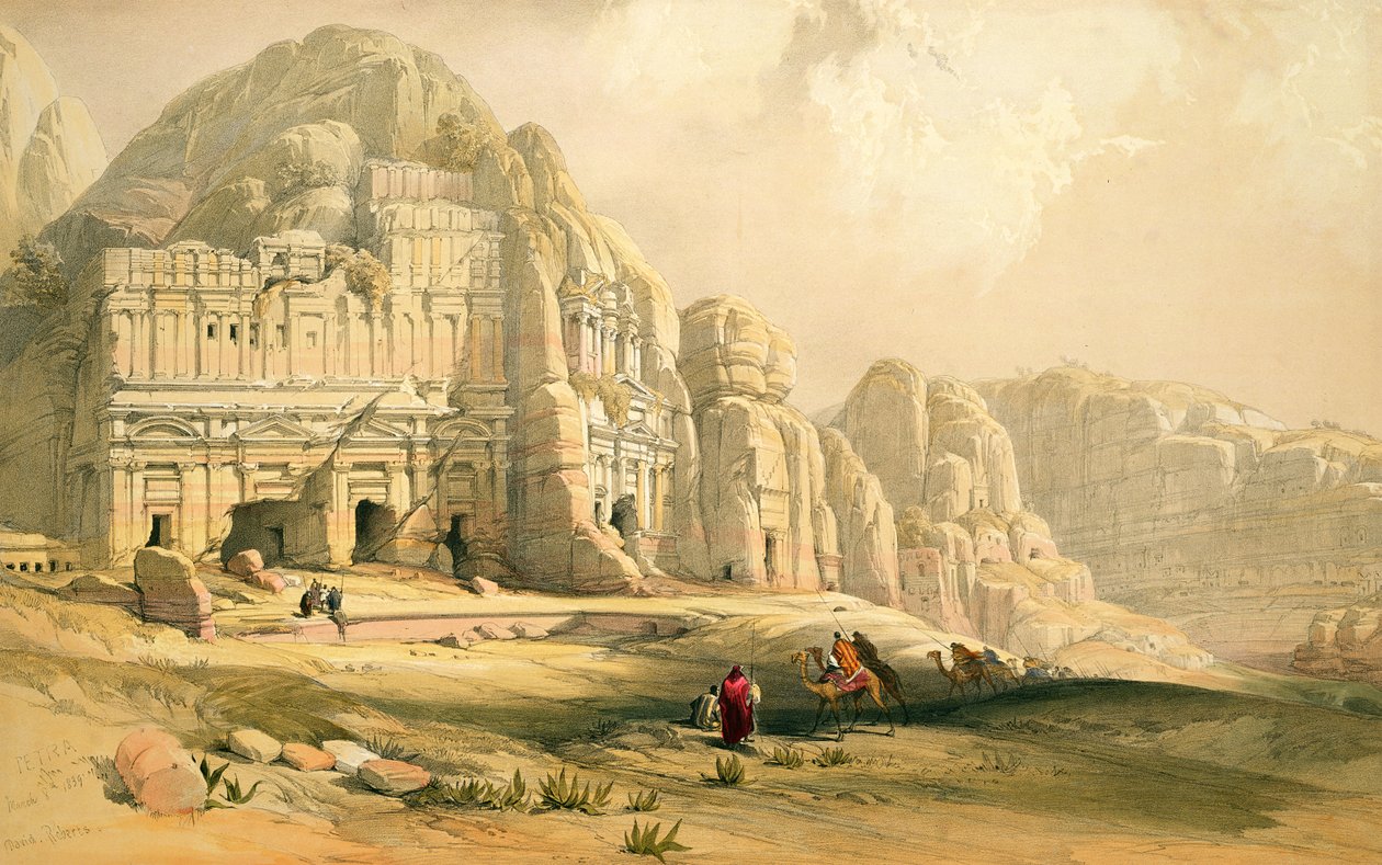Petra, 8 mars 1839, platta 96 från volym III av "The Holy Land", graverad av Louis Haghe (1806-85), publicerad i. 1849 av David Roberts