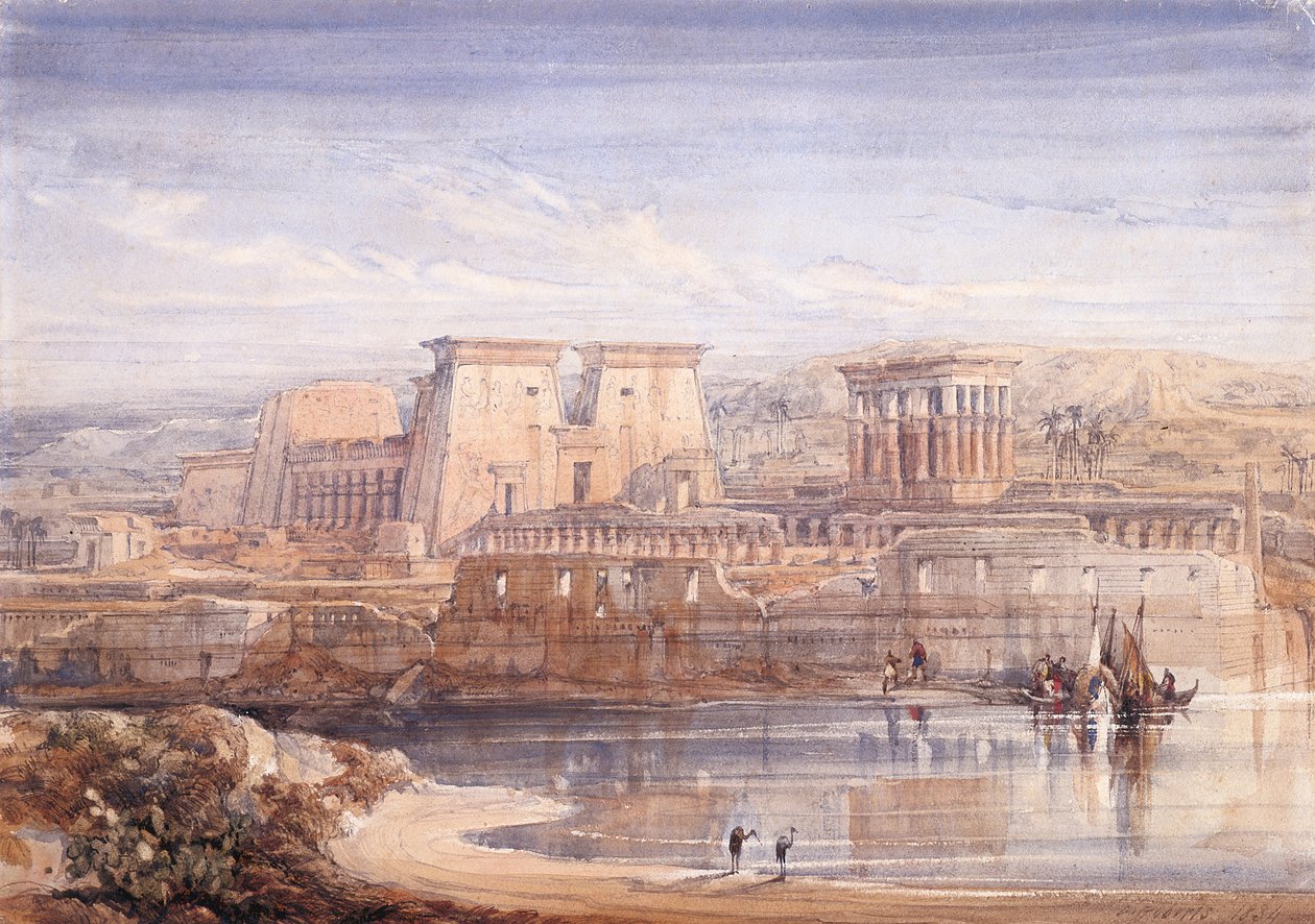 Philae: En utsikt över templen från söder (akvarell och gouache på vitt papper) av David Roberts