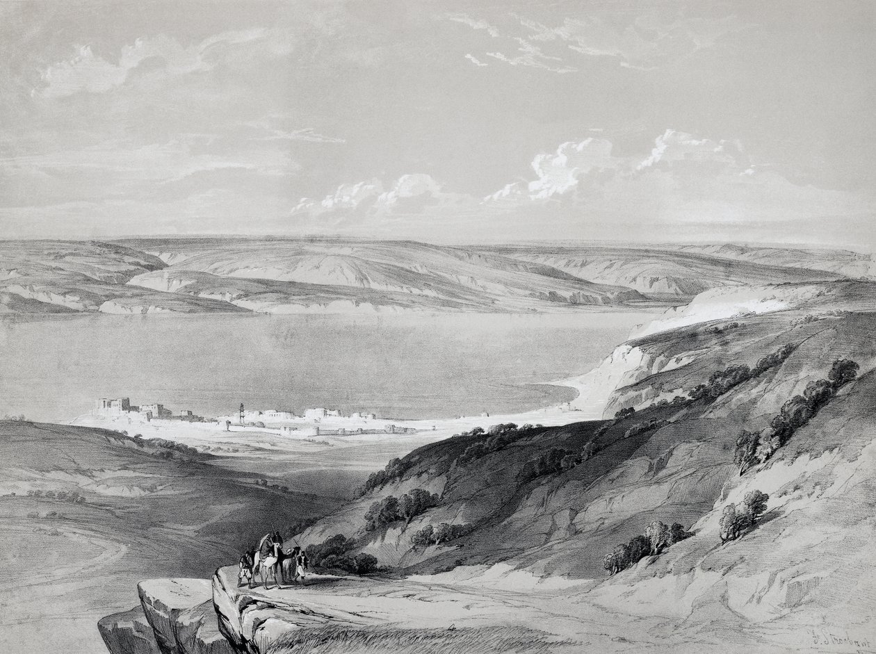 Galileiska sjön, från resa till heligt land, litografi av David Roberts (1796-1864) av David Roberts