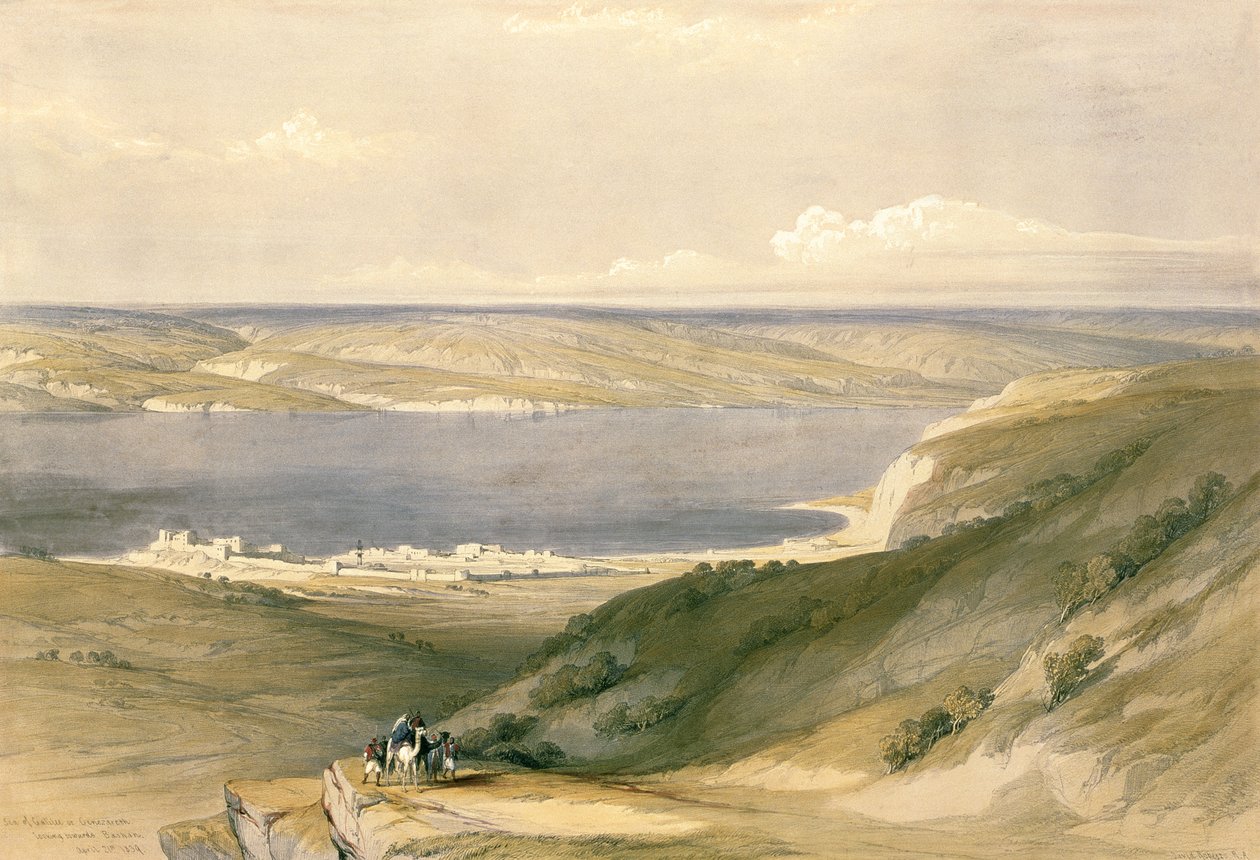 Genesaret sjö eller Genesaret, med utsikt mot Bashan, 21 april 1839, skylt 36 från volym I av "Det heliga landet", graverad av puben Louis Haghe (1806-85). 1842 av David Roberts