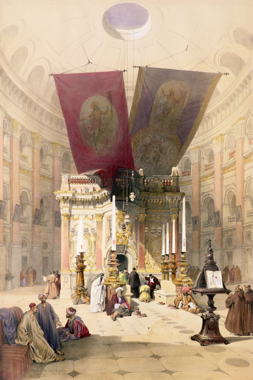 Shrine of the Holy Sepulchre, 10 april 1839, skylt 14 från volym I av "The Holy Land", graverad av Louis Haghe (1806-85) pub. 1842 av David Roberts
