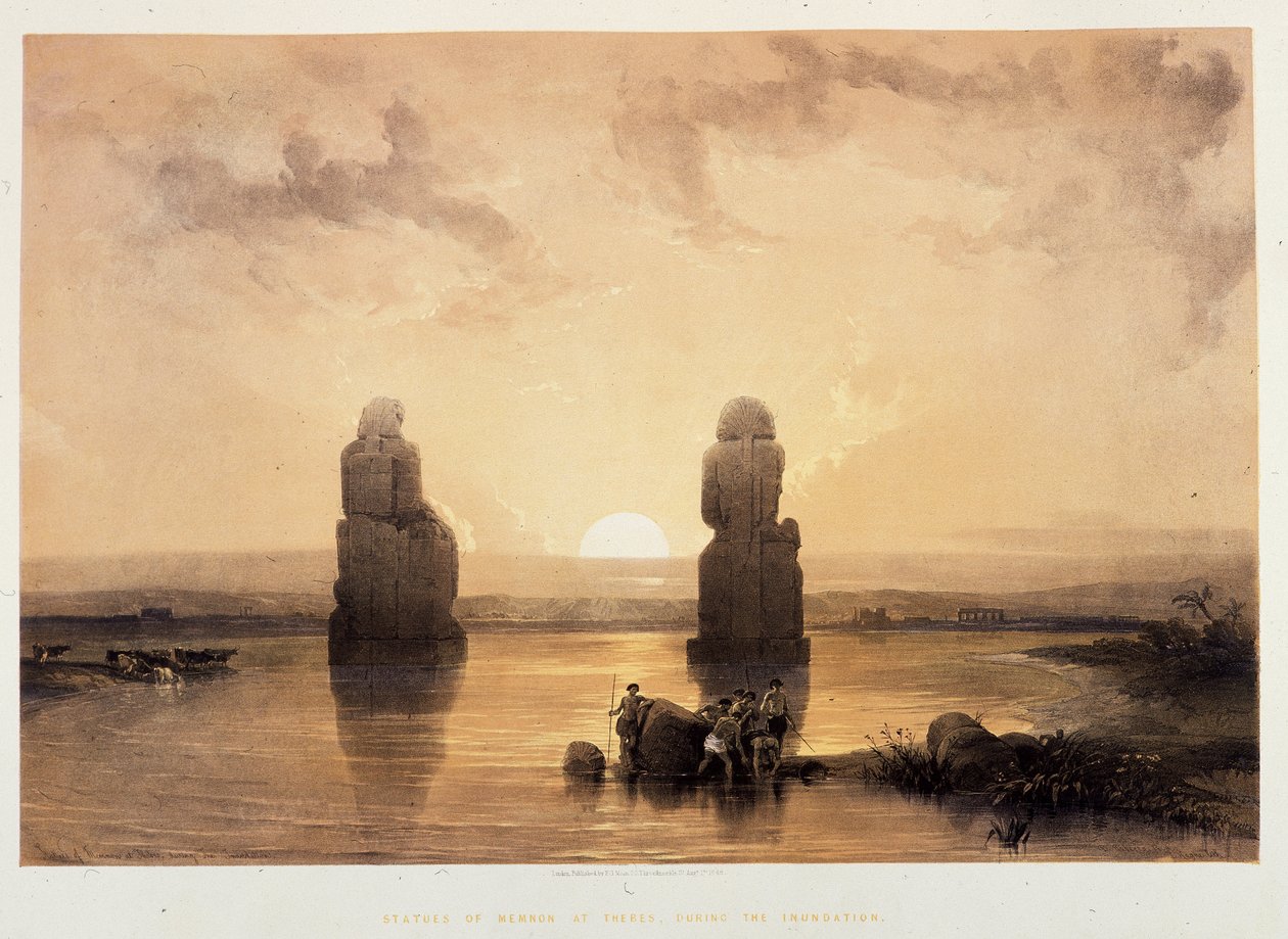 Statyer av Memnon (Kolosserna av Memnon) vid Thebe, under översvämningen - i "Det heliga landet", London 1849 av David Roberts
