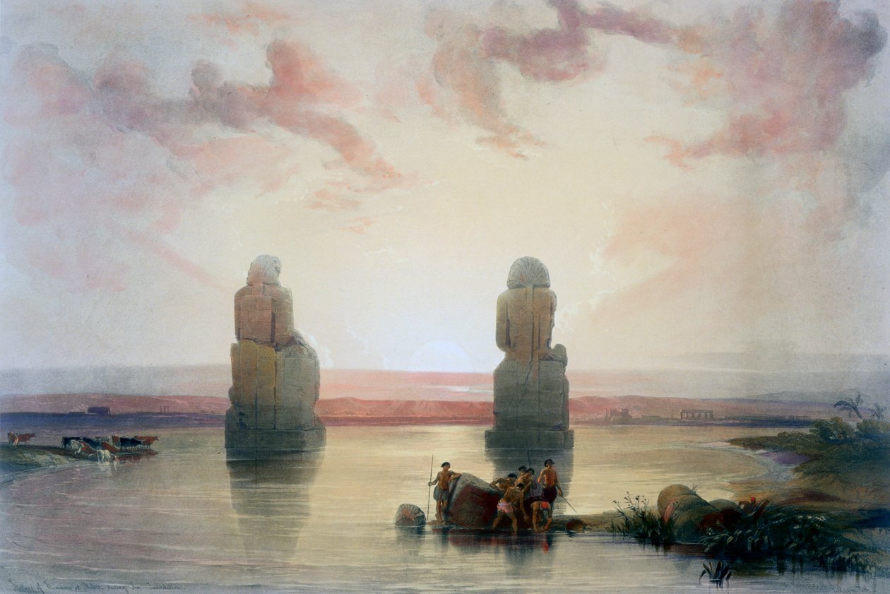 Memnonkolosserna, vid Thebe, under översvämningen, 1800-talet av David Roberts