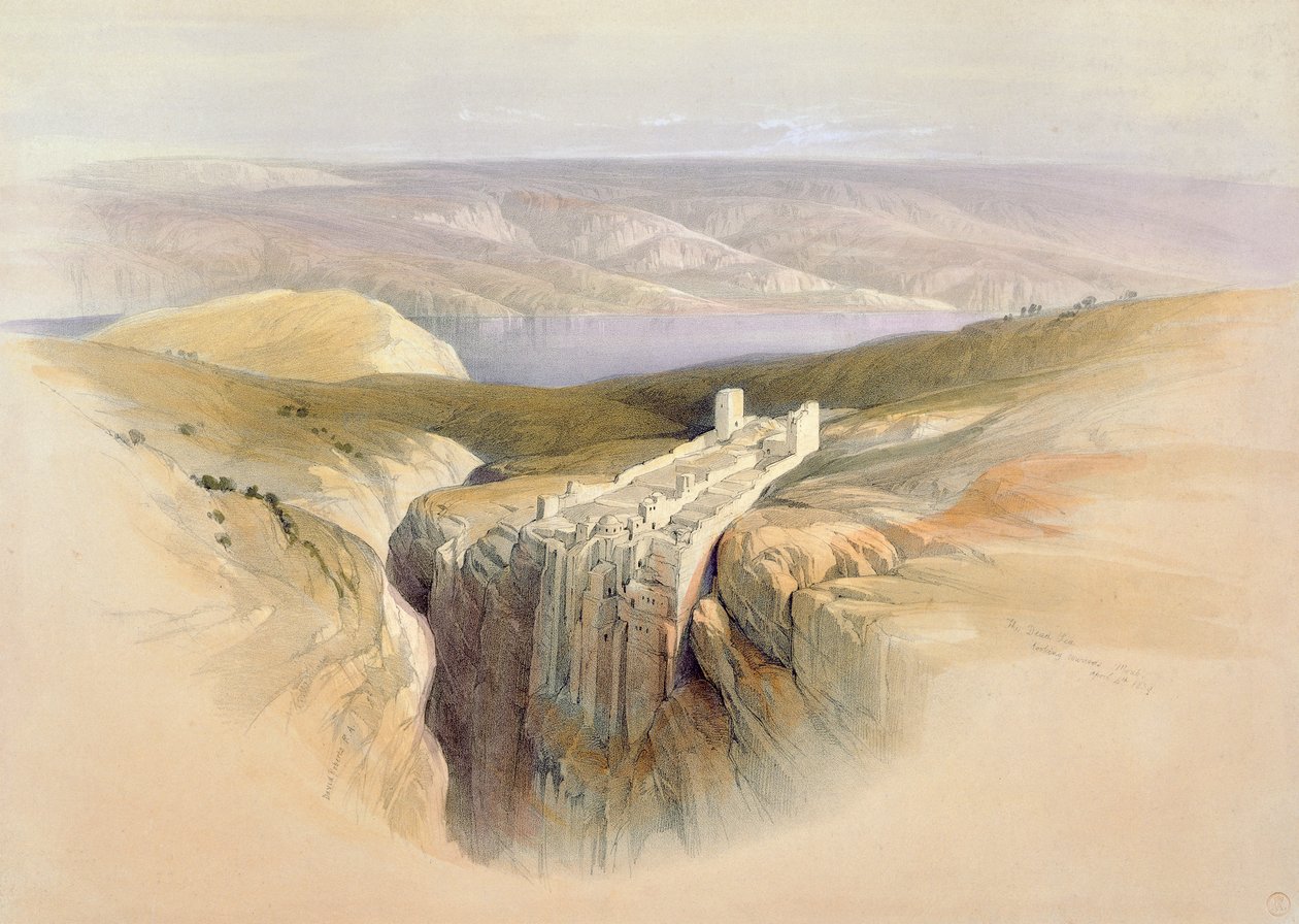 Döda havet blickar mot Moab, 4 april 1839, skylt 50 från volym II av "Det heliga landet", graverad av puben Louis Haghe (1806-85). 1843 av David Roberts
