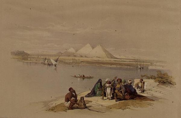 Pyramiderna i Giza från Nilen, från "Egypten och Nubia", Vol.1 (litho) av David Roberts