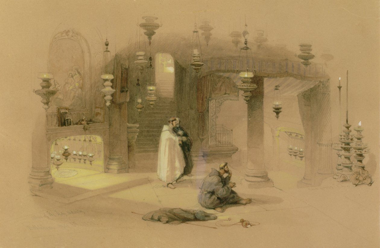 The Shrine of the Holy Nativity, Betlehem, 1839 (wc över penna, förhöjd med gouache och gummi arabicum på gulfärgat papper) av David Roberts