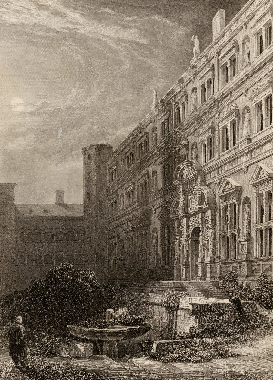 Den stora domstolen i Heidelberg, graverad av H. Winkles, illustration från 