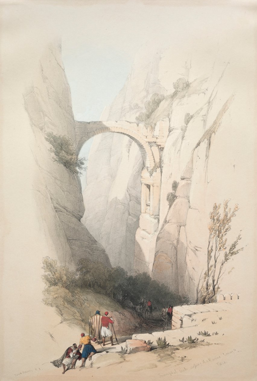 Triumfbåge som korsar ravinen som leder till Petra, 1839. av David Roberts