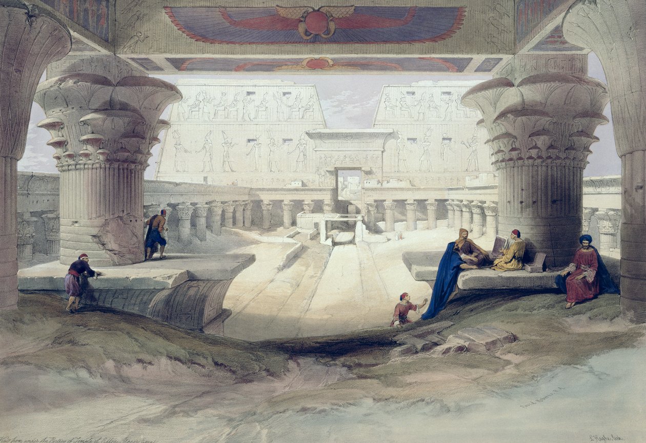 Vy under portiken till templet i Edfou, Övre Egypten, platta 32 från volym I av Egypt and Nubia, graverad av Louis Haghe (1806-85), pub. 1846 av David Roberts