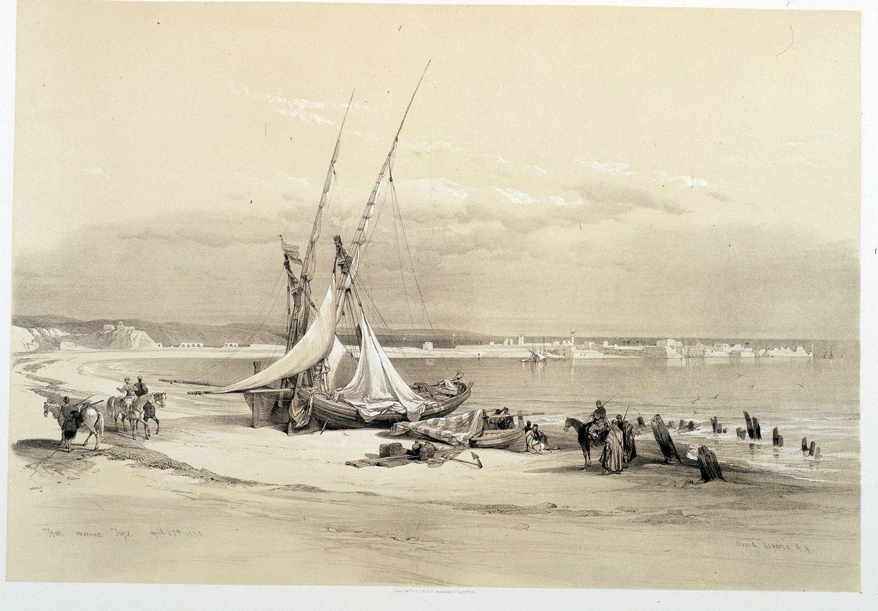 Utsikt över staden Tyre (Tyre) i Libanon, ritning gjord den 27/04/1839 i "" The Holy Land"", London 1849 av David Roberts