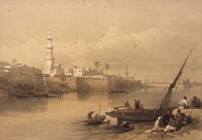 Utsikt över Nilen, färja till Giza, från "Egypten och Nubia", Vol.3 (litho) av David Roberts