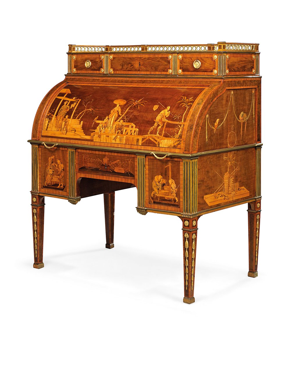 Mekanisk cylinderbyrå, Neuwied, c.1776-79 (ormolu-monterad och mässingsinlagd amboyna, tulpanved, betsad platan och intarsia) av David Roentgen